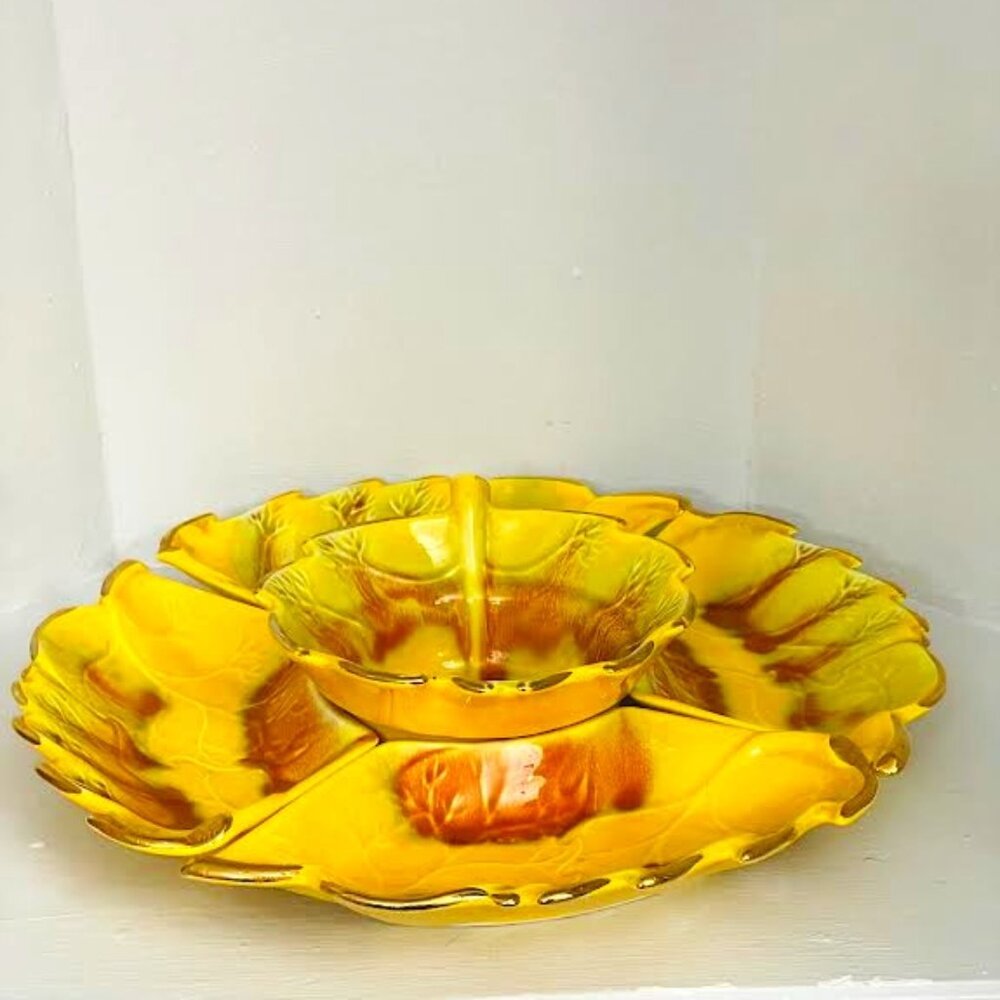 Ceramic Tray Leaf  5 Piece Yellow Gold Lazy Susan Leaf Dip Bowl Fall Dinnerware